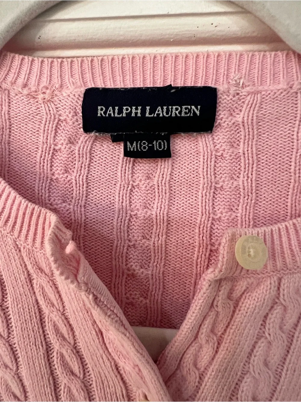 Ralph Lauren Girls Pink Cable Knit Cardigan Sweater M 8-10 Cotton Pony Logo